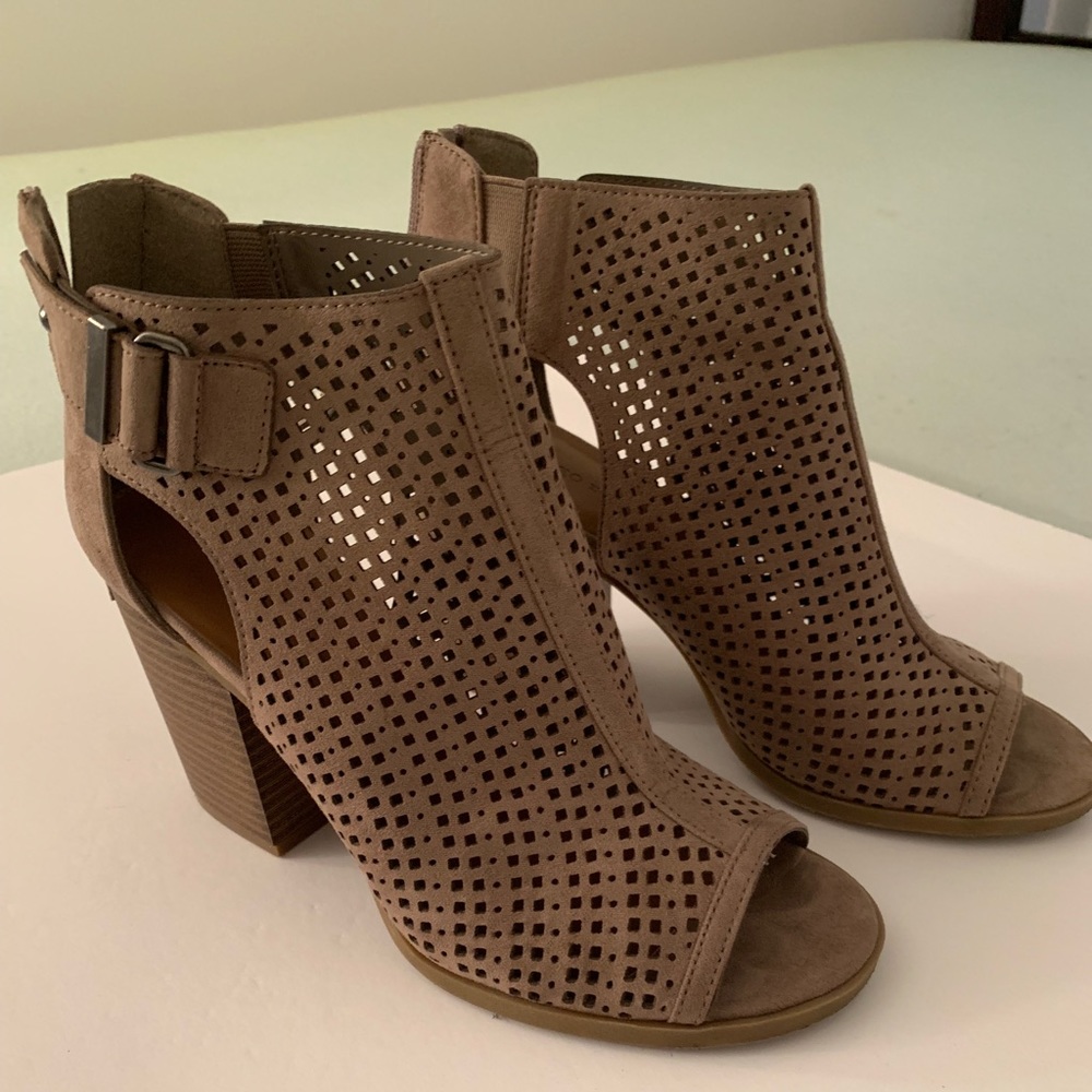 Brown open toed booties